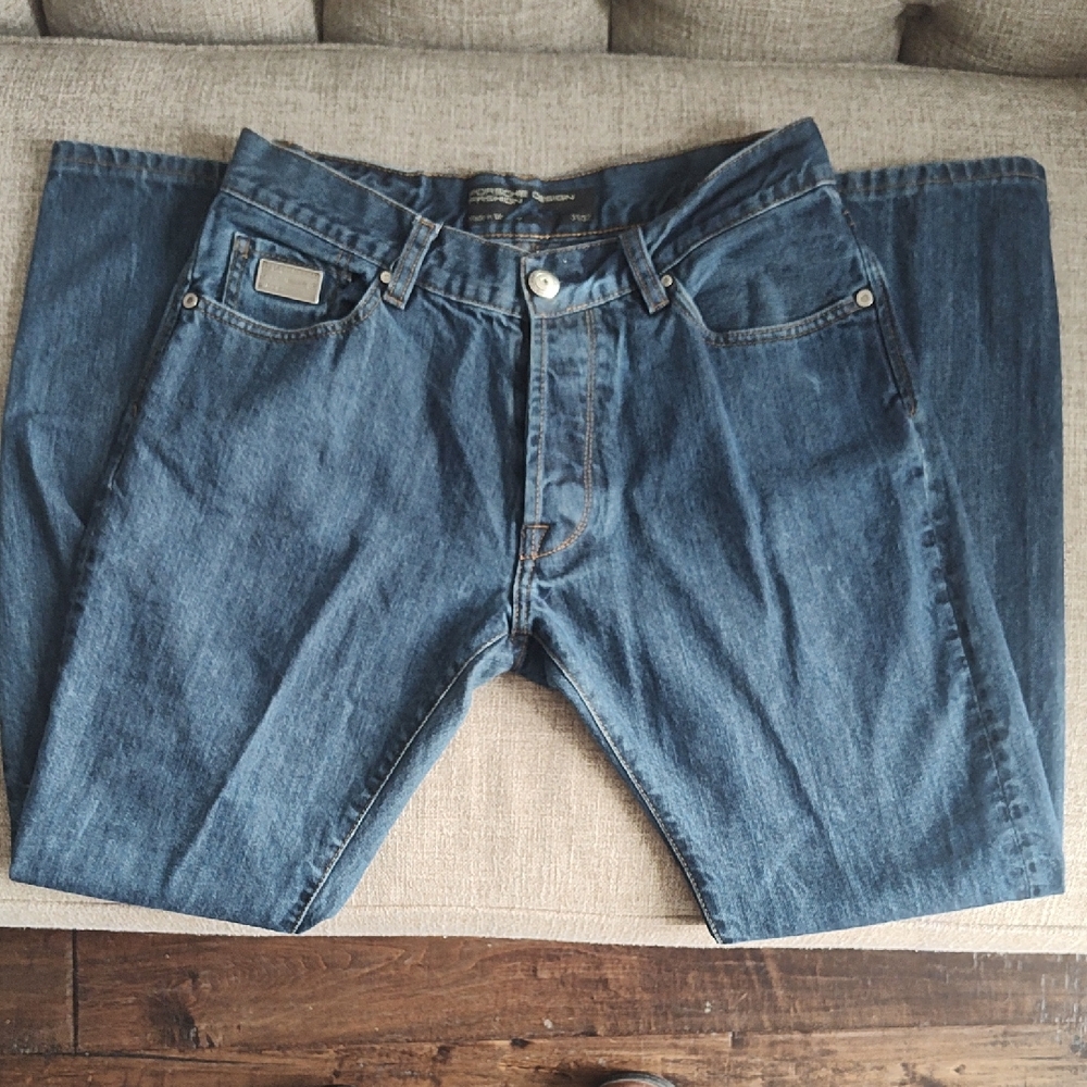 Porsche Design Dark Blue Relaxed Jeans With Silver Trim And Button Opening